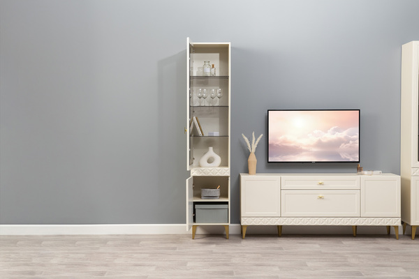 Гостиная Марион композиция 1 слоновая кость С341 PE, слоновая кость 6898 ПВХ, белый PE шагрень (собирается на любую сторону)