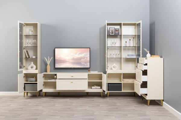 Шкаф-витрина Марион 16.397.01 слоновая кость С341 PE, слоновая кость 6898 ПВХ (собирается на любую сторону)