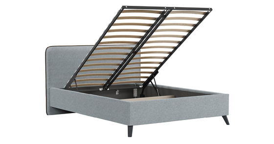 Кровать Миа 140 рогожка серый, кант желтовато-коричневый с ортопедическим основанием и подъемным механизмом