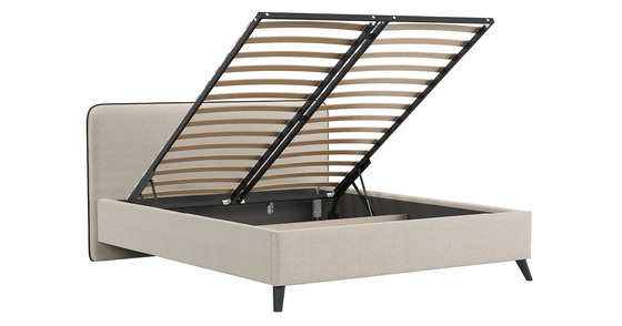 Кровать Миа 160 рогожка светло-бежевый, кант желтовато-коричневый с ортопедическим основанием и подъемным механизмом