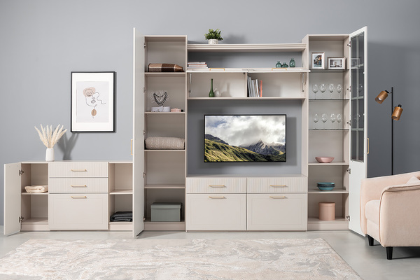 Гостиная Ричфорд композиция 2 с карнизами, кашемир 5981 BS, моно керамика D166-2 ПВХ, белый PE шагрень (собирается на любую сторону)