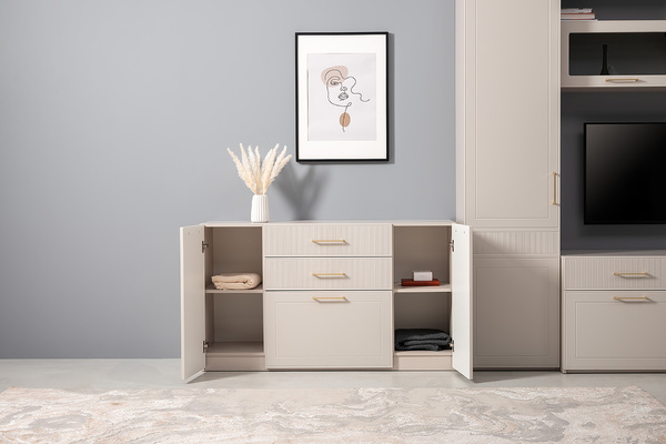 Гостиная Ричфорд композиция 2 с карнизами, кашемир 5981 BS, моно керамика D166-2 ПВХ, белый PE шагрень (собирается на любую сторону)