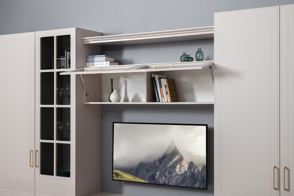 Гостиная Ричфорд композиция 1 с карнизами, кашемир 5981 BS, моно керамика D166-2 ПВХ, белый PE шагрень (собирается на любую сторону)